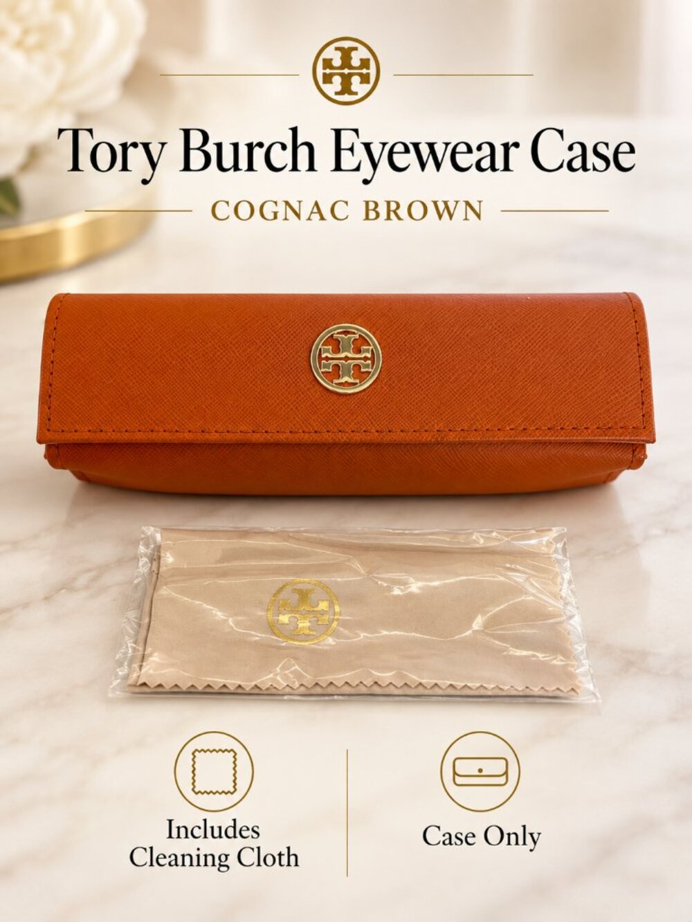 Tory Burch Cognac Brown Eyewear Case with Cleaning Cloth